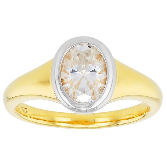 Two-Tone Bezel Set Oval Moissanite Solitaire Ring In 14k Gold Over Silver