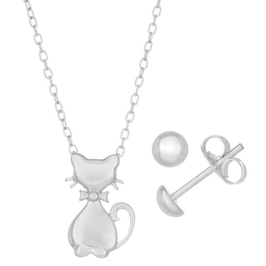 Rhodium Over Brass Cat Necklace and Stud Earring Set