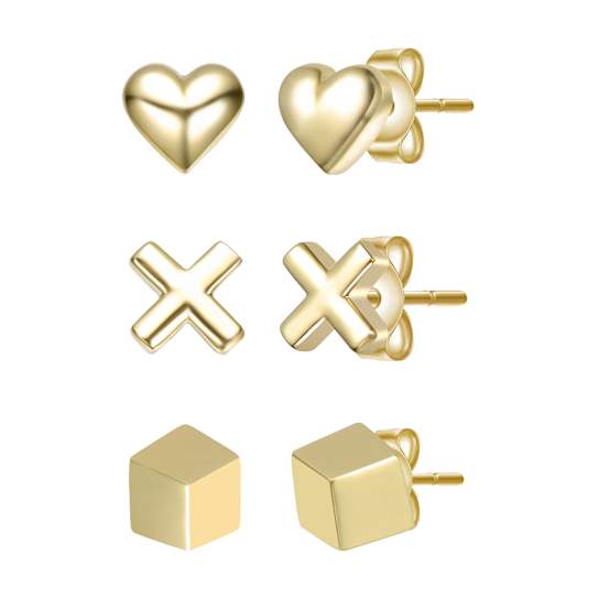 Heart And Cross Three-Piece Stud Earrings Set In 14K Gold Over Sterling Silver