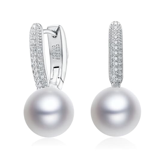 Pear Shape CZ And Pearl Simulant Drop Earrings In Sterling Silver