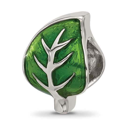 Sterling Silver Enamel Green Leaf Bead