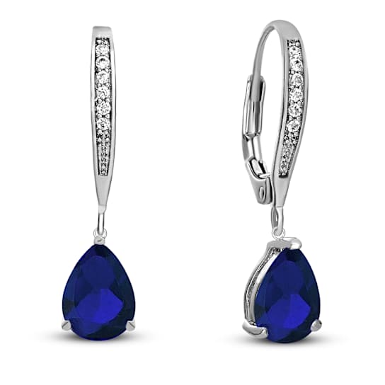 Sapphire Color CZ Teardrop Drop Earrings In Sterling Silver