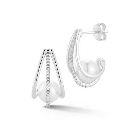 Rachel Zoe Freshwater Pearl and CZ Cage Hoop Earrings in Rhodium Over
Sterling Silver