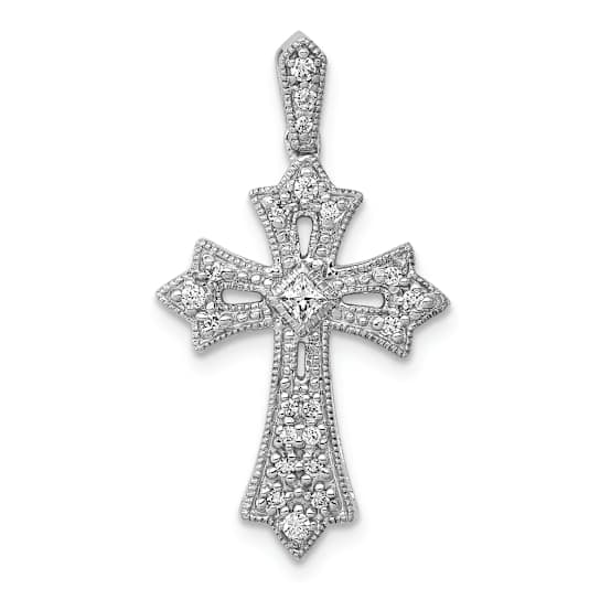 Rhodium Over 10k White Gold 0.17 ctw Diamond Fleur-de-Lis Cross Pendant