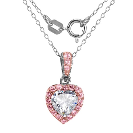 White and Pink Cubic Zirconia Two-tone Brass Pendant With Chain 2.89ctw