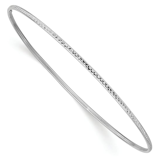 Rhodium Over 14K Gold 1.5mm Diamond-cut Slip-on Bangle Bracelet