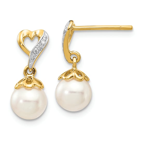 14K Yellow Gold 6-7mm Round Freshwater Cultured Pearl 0.01ct Heart
Diamond Dangle Earrings