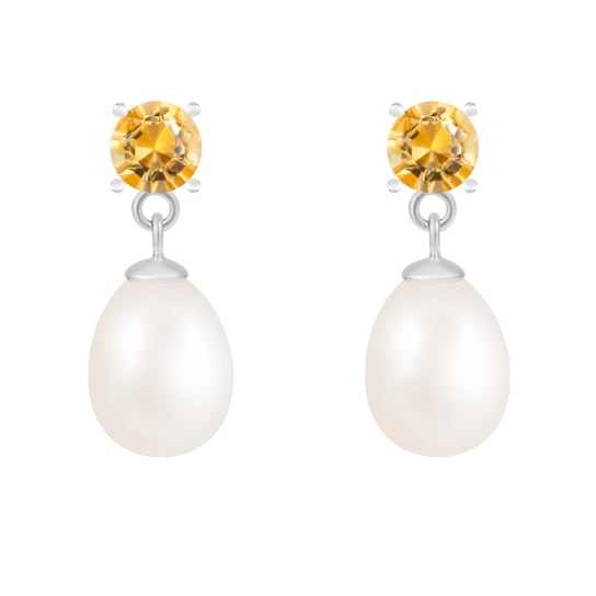 White Freshwater Pearl and Citrine Dangle Earrings In Sterling Silver