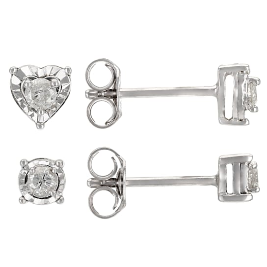 White Diamond Rhodium Over Sterling Silver Round And Heart Stud Earrings
Set 0.20ctw