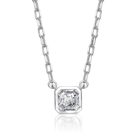 Square CZ Bezel Solitaire Pendant In Rhodium Over Brass 16 Inch
