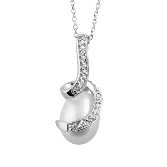 9-10mm Drop White Cultured Freshwater Pearl and CZ Rhodium Over Sterling
Silver Pendant