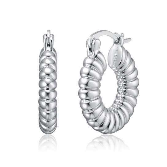 Ribbed Tubular Hoop Earrings In Rhodium Over Brass