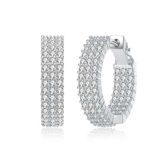 Triple-Row Pave CZ Inside-Out Hoop Earrings In White Rhodium Over Brass