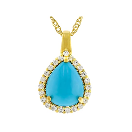 Turquoise Pear And White Zircon Halo Pendant Necklace In 18K Gold Over
Sterling Silver 0.41ctw