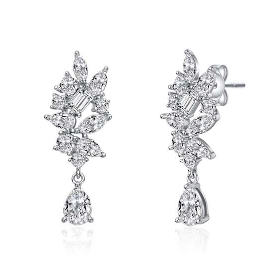 Marquise And Pear Shape CZ Cluster Drop Earrings In White Gold Over Brass