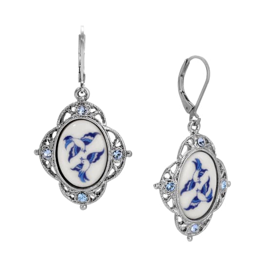 Silver Tone Blue Willow Stone Crystal Leverback Earrings