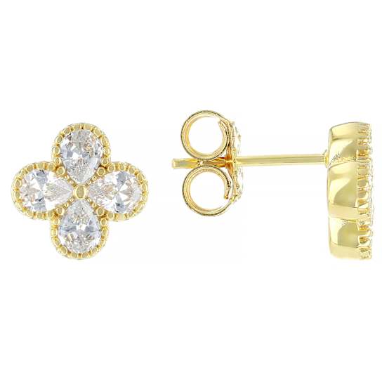CZ Clover Stud Earrings In 18K Gold Over Sterling Silver