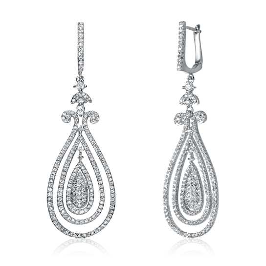 CZ Triple Outline Teardrop Drop Earrings In Sterling Silver