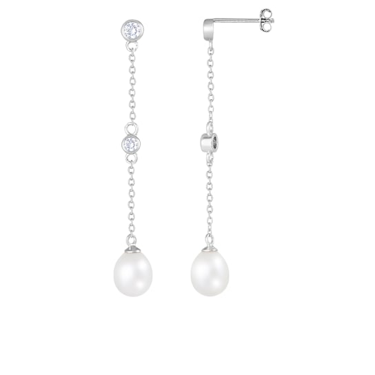 7-8mm white cultured freshwater pearl rhodium over sterling silver earrings