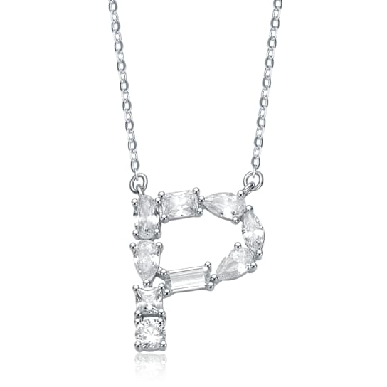 Initial P Mixed Cut CZ Pendant Necklace In Sterling Silver 18 Inch
