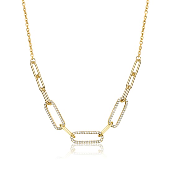 CZ Elongated Cable Link Chain Necklace In 14K Gold Over Sterling Silver