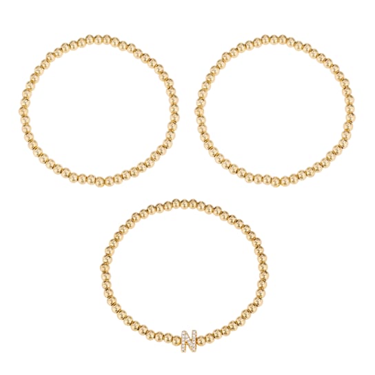 Initial N CZ Beaded Bracelet Set In 14K Gold Over Brass 0.16ctw
