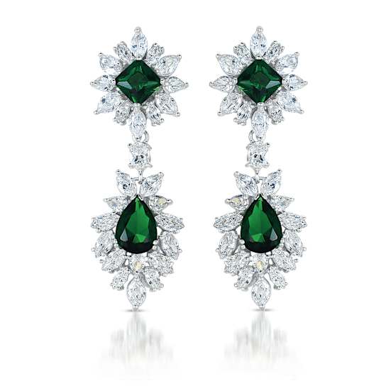 Emerald Color CZ Double Cluster Drop Earrings In Sterling Silver
