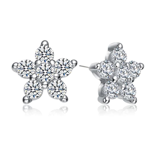Star Cluster CZ Stud Earrings In White Rhodium Over Brass