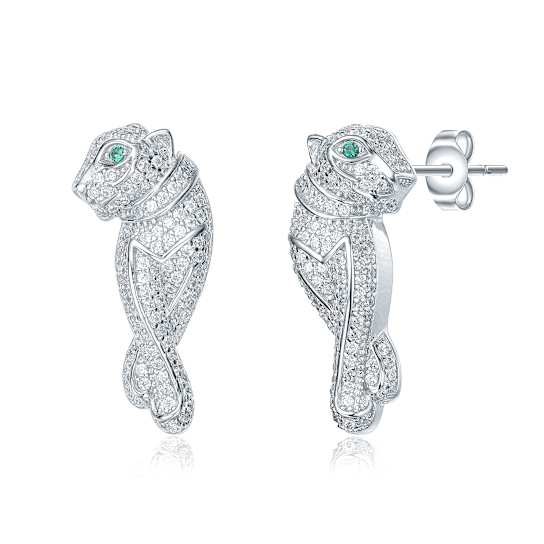 Emerald Color CZ Panther Drop Earrings In White Rhodium Over Brass