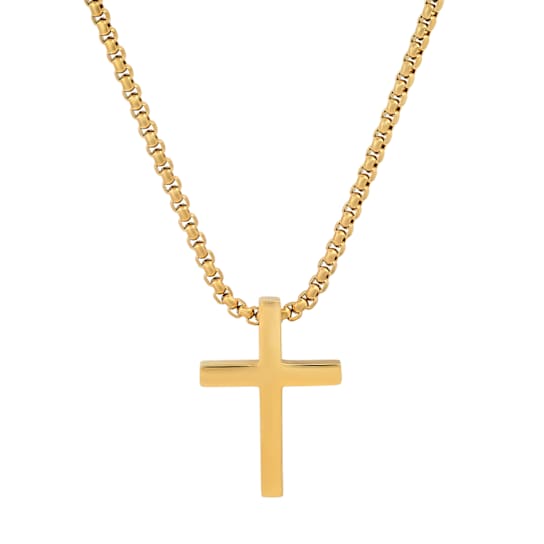 Men's Polished Cross Pendant With Chain In 18K Yellow Gold Over
Stainless Steel