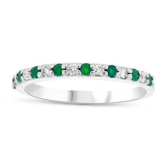 Emerald And Diamond Band Ring In Solid 14K White Gold