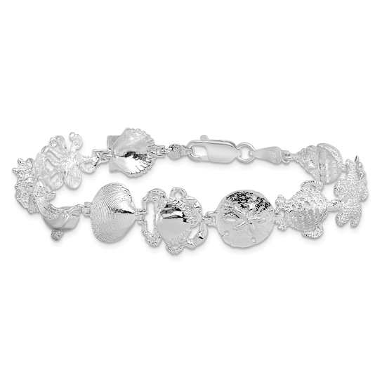 Rhodium Over Sterling Silver Polished Multi-Shell and Sealife Bracelet