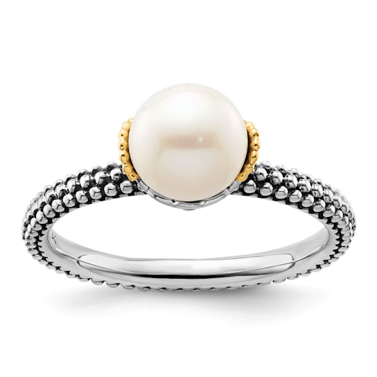 Freshwater Pearl Two-Tone Solitaire Ring In 14K Gold Over Sterling Silver