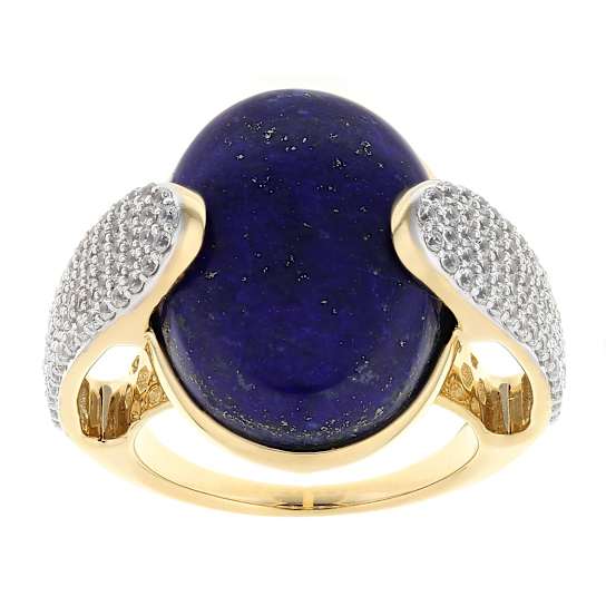 Lapis Lazuli Large Oval And White Zircon Ring In 18K Gold Over Sterling
Silver 1.44ctw