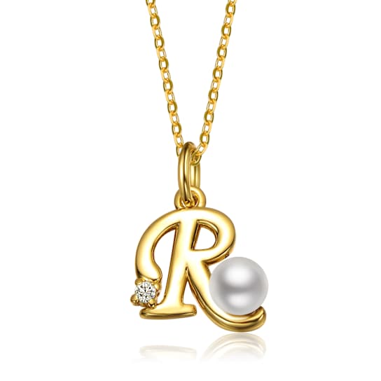Initial R Pearl And CZ Pendant Necklace In 14K Gold Over Brass