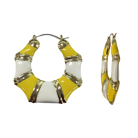 Oversized Yellow And White Enamel Hoop Earrings In Gold-Tone