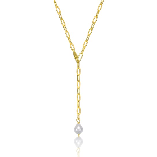 Pear Shape Freshwater Pearl Y-Style Necklace In 14K Gold Over Sterling Silver