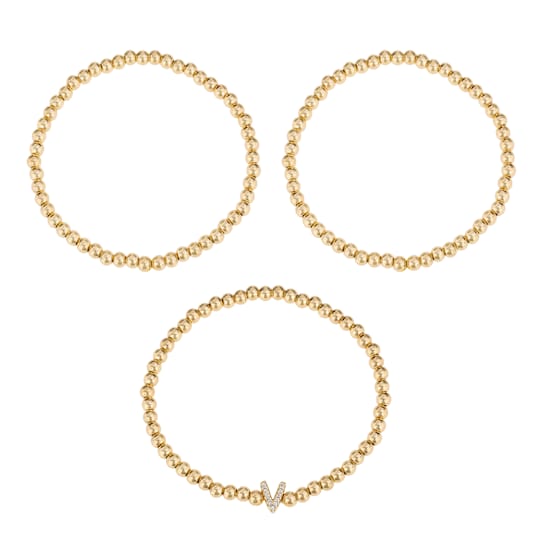 Initial V CZ Beaded Bracelet Set In 14K Gold Over Brass 0.10ctw