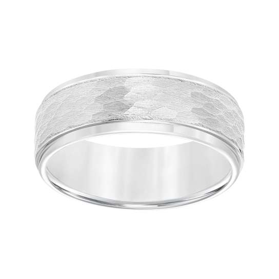 8mm Step-Edge Comfort Fit Band in White Tungsten Carbide with Hammered Finish