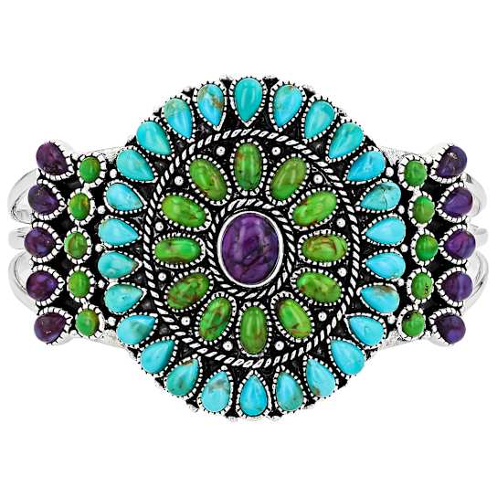 Purple, Green And Blue Turquoise Sterling Silver Cuff Bangle