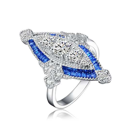 Sapphire Color CZ Vintage-Inspired Cocktail Ring In Sterling Silver