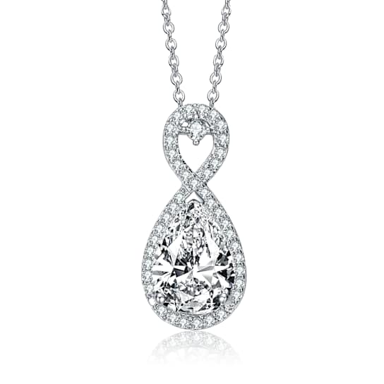 Pear Shape CZ Halo Pendant Necklace In Sterling Silver