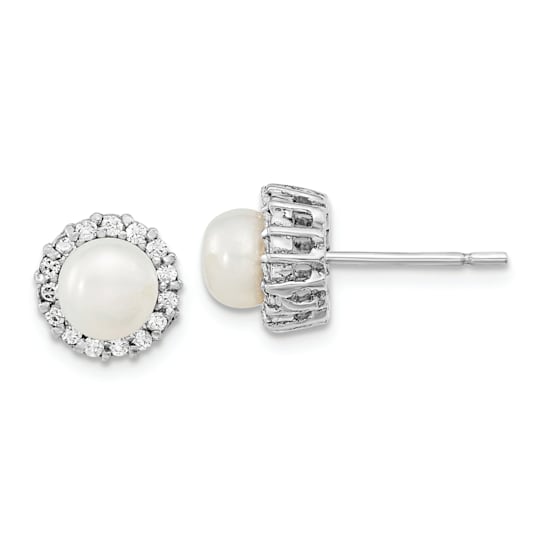 Rhodium Over Sterling Silver Cubic Zirconia and Freshwater Cultured
Pearl Post Earrings