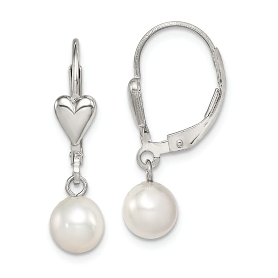 Rhodium Over Sterling Silver 6-7mm Freshwater Cultured Pearl Heart
Leverback Dangle Earrings