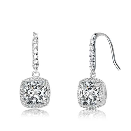 CZ Halo Drop Earrings In Rhodium Over Brass