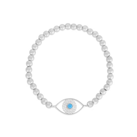 Lab-Created Turquoise And CZ Evil Eye Ball Stretch Bracelet In Sterling Silver