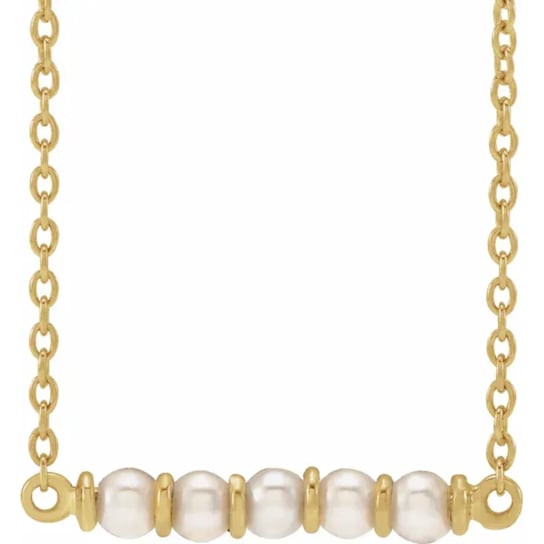 14K Yellow Gold Round White Freshwater Pearl Bar Design Necklace