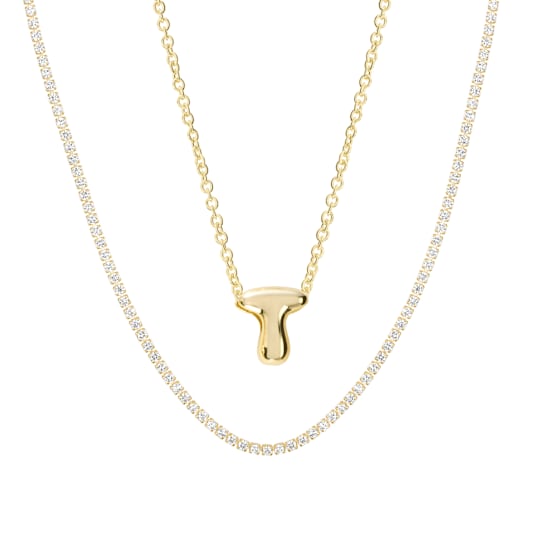 CZ Initial T Tennis Necklace And Pendant Set In 14K Gold Over Brass 4.05ctw