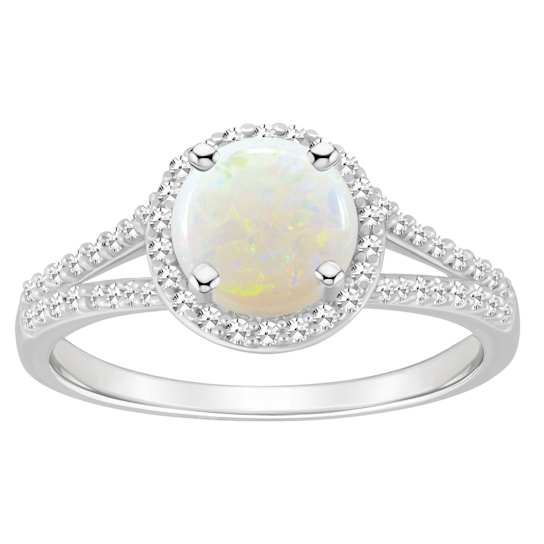 7mm Round Opal 1/4 ctw Diamond Rhodium Over Sterling Silver Halo Ring
