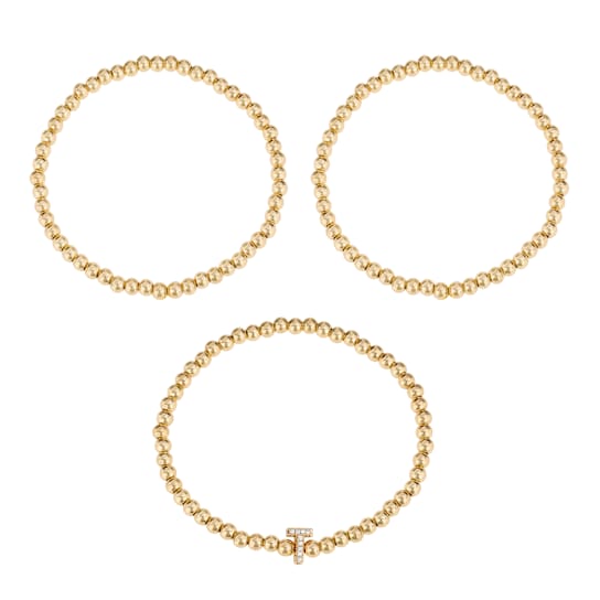 Initial T CZ Beaded Bracelet Set In 14K Gold Over Brass 0.09ctw